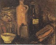 Vincent Van Gogh Still-life with earthenware, glass of beer and bottles painting